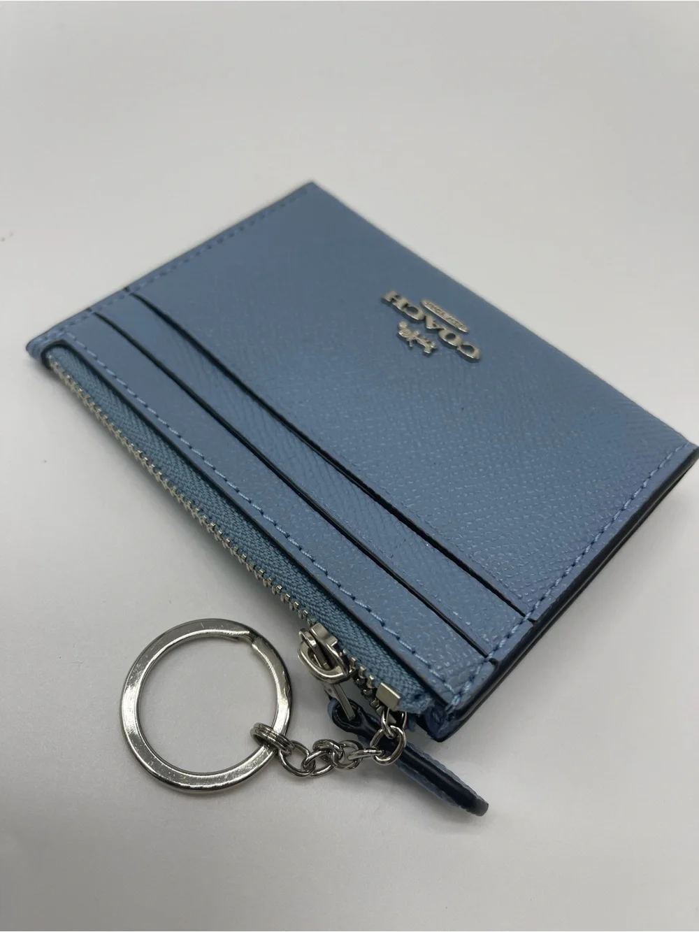 Coach Mini Skinny Crossgrain Leather Id Card Zip Closure Case Silver/Slate NWT